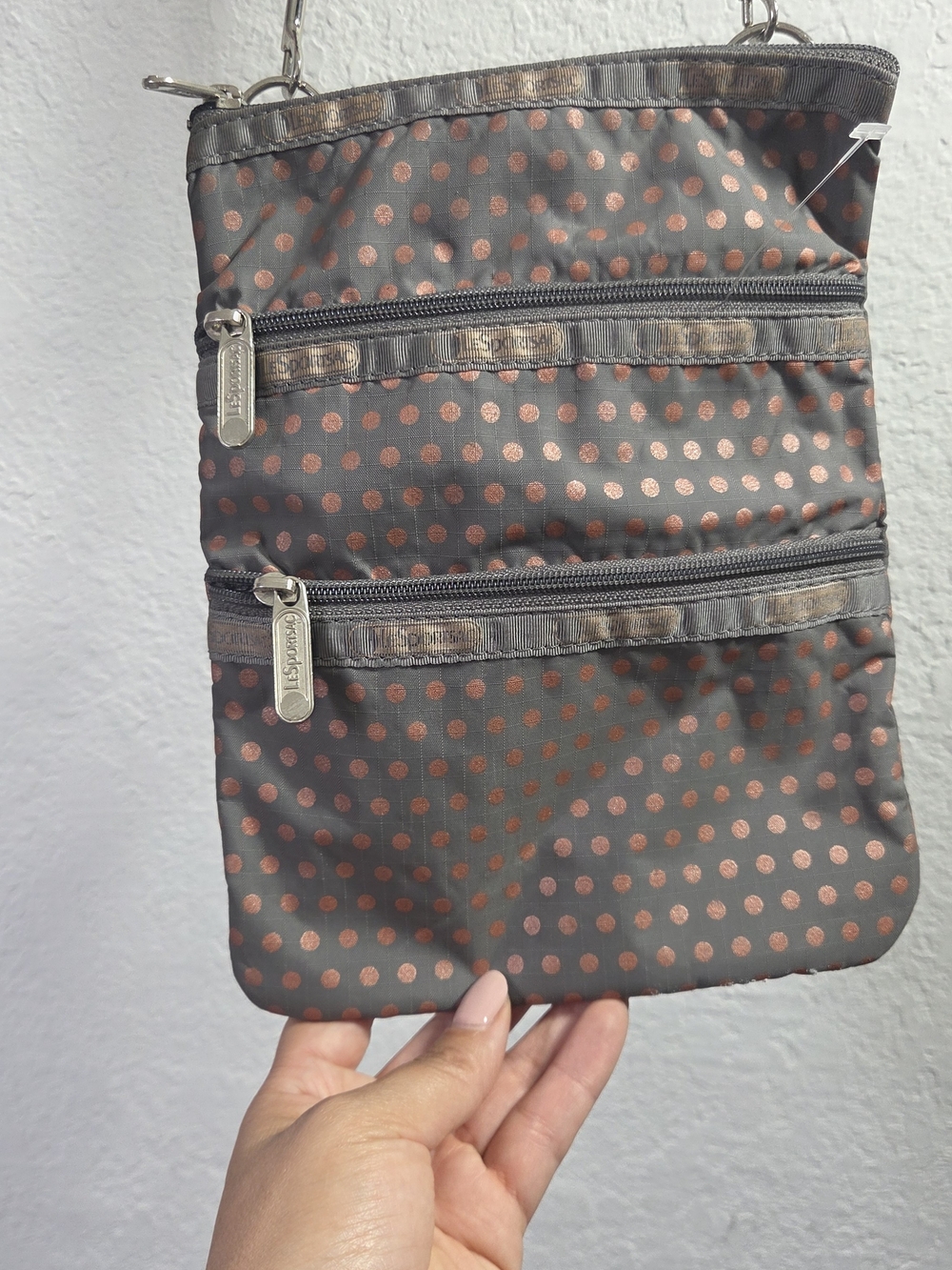 • LESPORTSAC Gray Copper Polka Dot Nylon 3-Zip Convertible Crossbody Pouch Bag